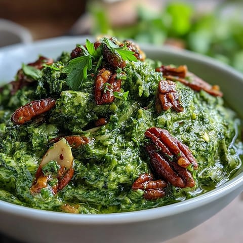 Bright, earthy dandelion pesto featuring fresh greens, garlic, and pine nuts, a flavorful spread for appetizers or main dishes.