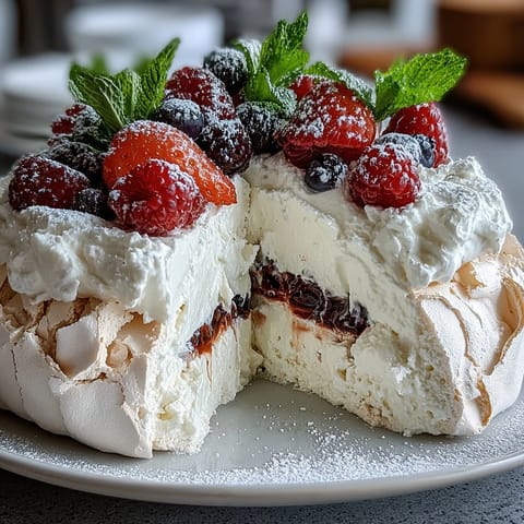 Delicate Mothers Day pavlova with marshmallow center, fresh berries, and mint—a stunning gluten-free treat.  