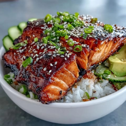 Quick 15-minute teriyaki salmon bowl with sweet soy glaze, fresh cucumber, carrot, and creamy avocado slices.