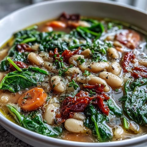 A comforting bowl of Tuscan white bean and spinach soup with tender vegetables and aromatic herbs.
