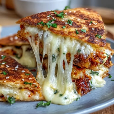 Crispy, golden quesadillas loaded with spicy kimchi and melted cheese, served hot and ready for a quick meal.  