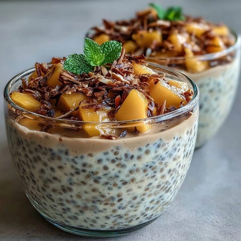 Creamy mango chia pudding with coconut milk and fresh mango chunks in a glass, topped with toasted coconut flakes and mint leaves.