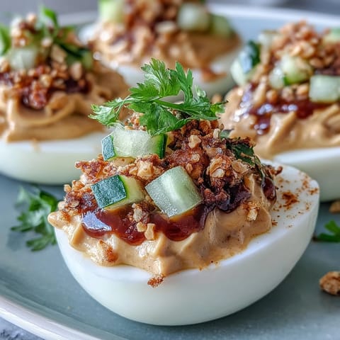 Garnished Thai Peanut Deviled Eggs with cucumber relish, a flavorful, creamy appetizer.