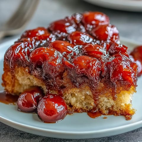 Moist Cherry Almond Upside-Down Cake ready to be sliced and served.