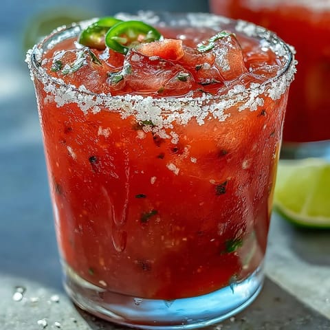 Vibrant Cinco de Mayo Watermelon Jalapeño Margarita Mocktail garnished with lime and salt.