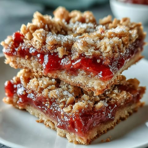 Close-up of warm strawberry rhubarb crumble bars, golden brown and bubbling.