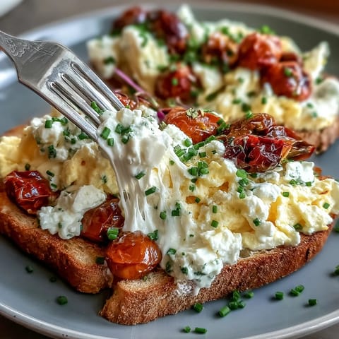 Creamy cottage cheese scrambled eggs, fluffy and protein-rich for a delightful breakfast.