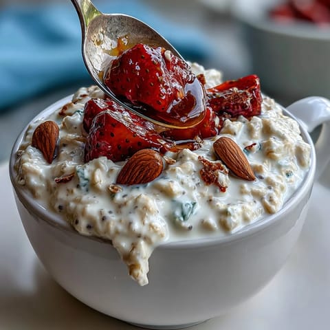 Creamy overnight oats with fresh strawberries and vanilla, perfect for a healthy no-cook breakfast straight from the fridge.