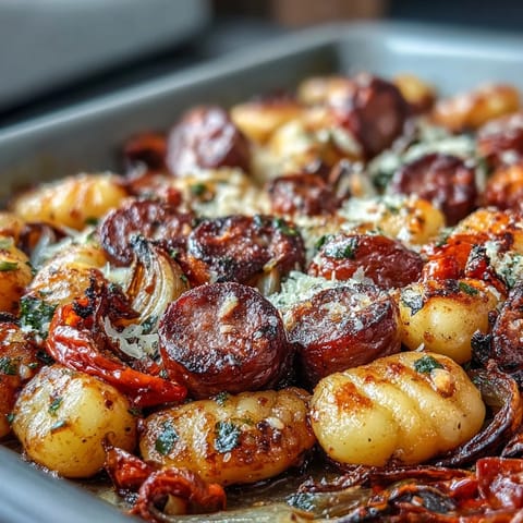 Golden sheet pan gnocchi with sausage and peppers, roasted to crispy perfection and topped with Parmesan.  
