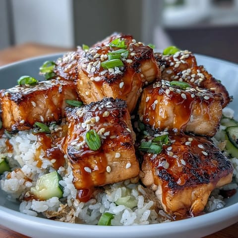 Spicy mayo salmon rice bowl with tender salmon cubes, creamy sauce, crisp cucumber, and sesame seeds over fluffy white rice.