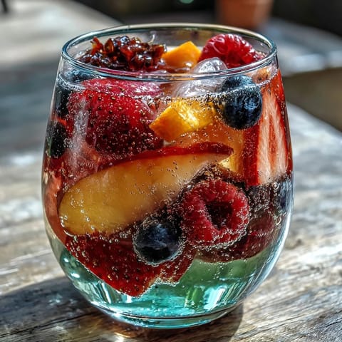 Colorful Summer Sangria Mocktail with fresh peach slices and berries.