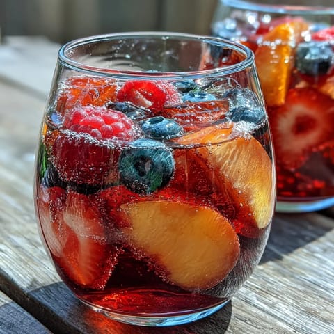 Refreshing peach and berry Summer Sangria Mocktail, perfect for hot afternoons.