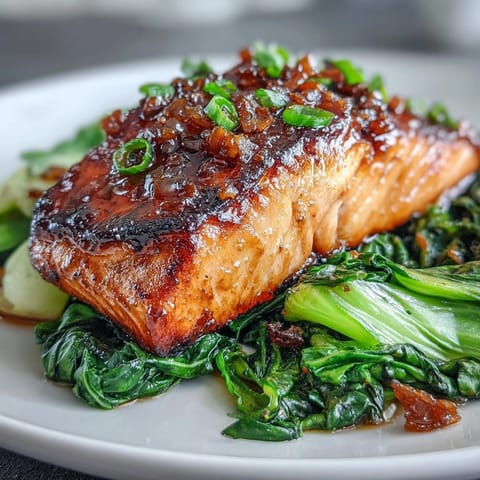 Pan-seared salmon fillet beautifully glazed, sits beside crisp, sesame-kissed bok choy.