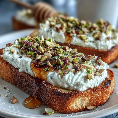 Whipped ricotta toast with honey, a delicious, creamy breakfast topped with pistachios.