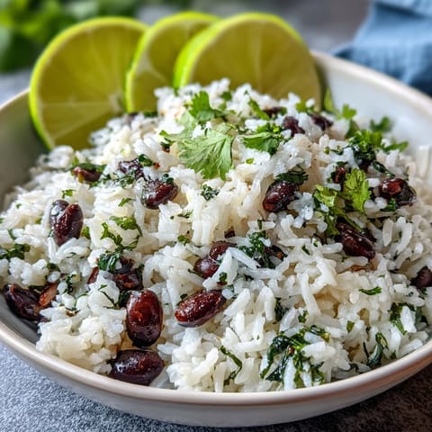 Vibrant Coconut Lime Rice with Cilantro and Black Beans, fluffy and fresh for serving.