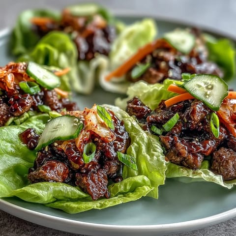 Korean BBQ beef lettuce wraps, vibrant with kimchi, ready to be assembled.