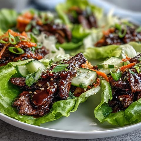 Tender, marinated Korean BBQ beef piled high in fresh lettuce cups.