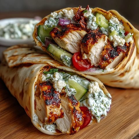 Vibrant Tzatziki Chicken Wraps showcasing juicy grilled chicken piled high on flatbread.