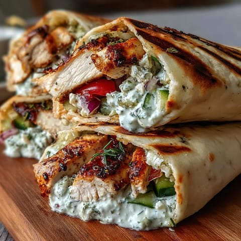 Delicious Tzatziki Chicken Wraps bursting with fresh cucumber, feta, and herbs.