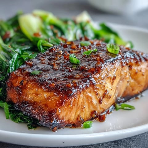 Miso glazed salmon with glossy honey-sesame coating, served with vibrant green bok choy.