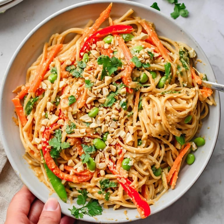 A bowl of Spicy Peanut Noodle Salad, glistening with a spicy peanut sauce and fresh garnishes.