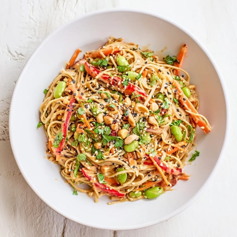Fresh and flavorful Spicy Peanut Noodle Salad, a perfect vegan meal with textures galore.