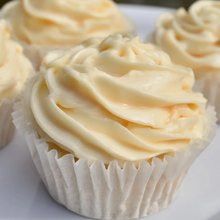 Freshly baked vanilla cupcakes, showcasing a light, moist crumb and a generous frosting swirl.