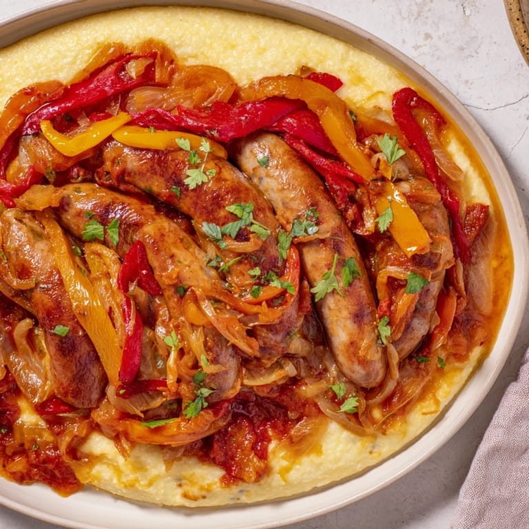 Vibrant colorful peppers and sausage simmer in the tomato sauce, part of the Herb-Cozy Skillet Sausage and Peppers.