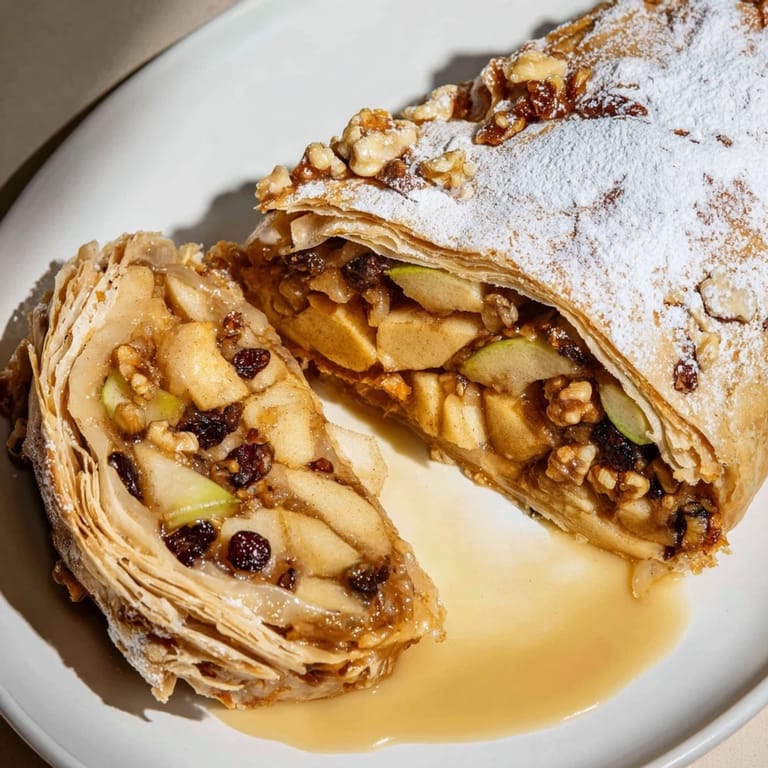 Enjoy a slice of homemade apple strudel, with spiced apple filling and a warm vanilla sauce.