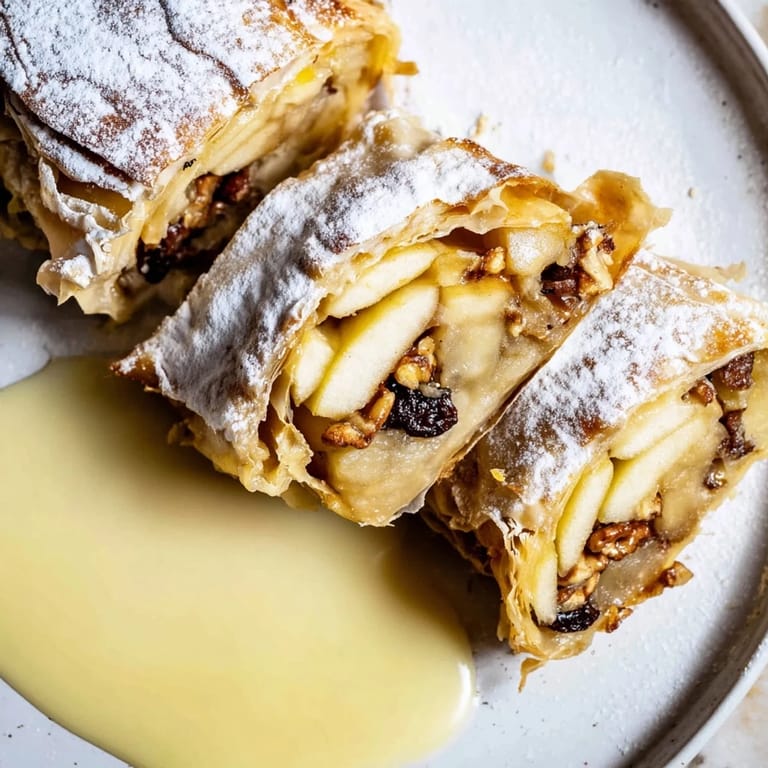 A beautiful close-up of freshly baked apple strudel dusted with powdered sugar, ready to serve.