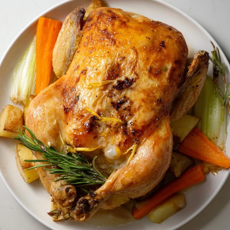 A close-up shot of juicy Roast Chicken with Rosemary and Garlic, showcasing flavorful, roasted skin and herbs.