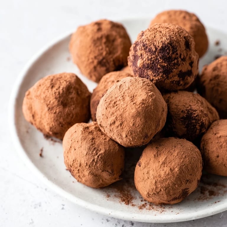 Perfectly round, cocoa-dusted dark chocolate truffles, a luxurious dessert made with cream and butter.