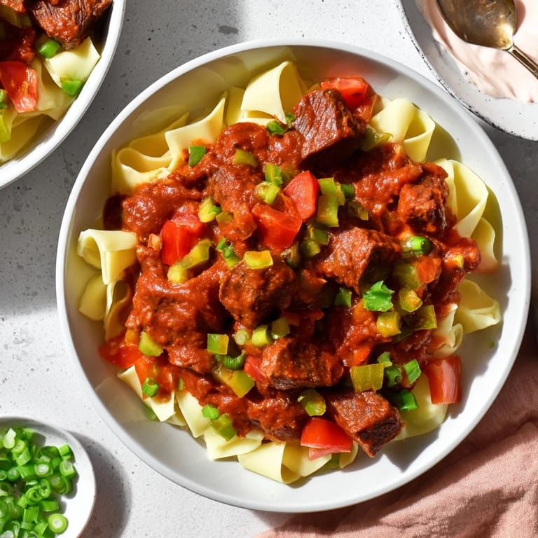 Fork-tender beef in a paprika-infused Hungarian Goulash, perfectly paired with fluffy egg noodles.