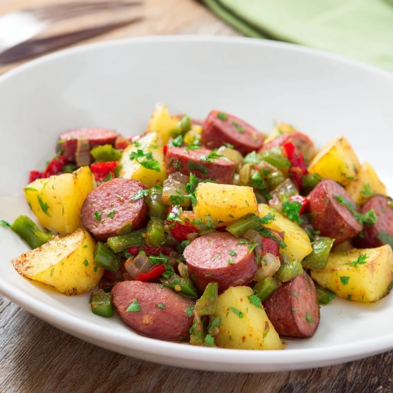 Enjoy the comforting flavors of this gluten-free kielbasa and cabbage hash with fresh parsley.