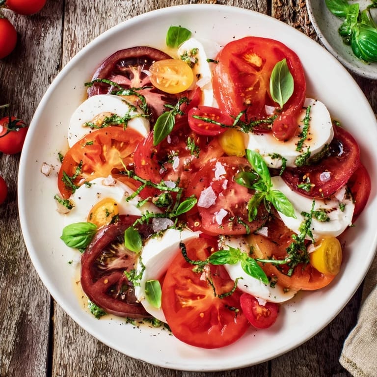 Refreshing Caprese salad featuring sliced tomatoes, creamy mozzarella, and a bright green basil vinaigrette.