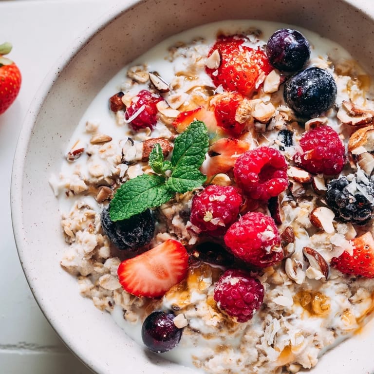 A close-up of overnight oats with berries and honey, showing glistening fresh berries atop sweetened oats.