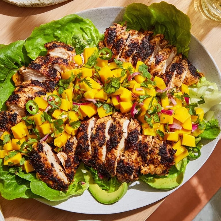 Fresh, vibrant Mango Salsa tops sliced chicken in these delicious lettuce wraps, ready to eat.