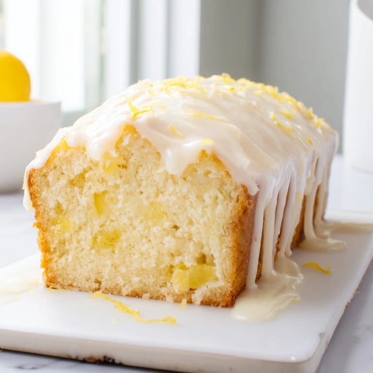 A close-up of a golden brown, homemade lemon loaf cake with a generous lemon icing drizzle.