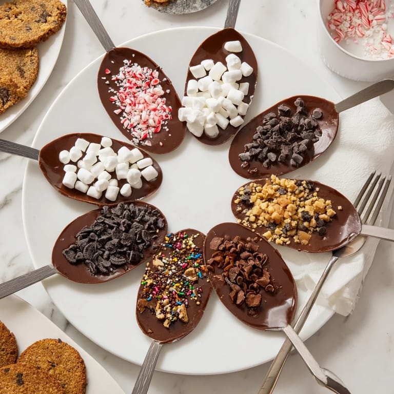 A festive hot chocolate spoon toppings board offers delicious dipping options for warm winter drinks.