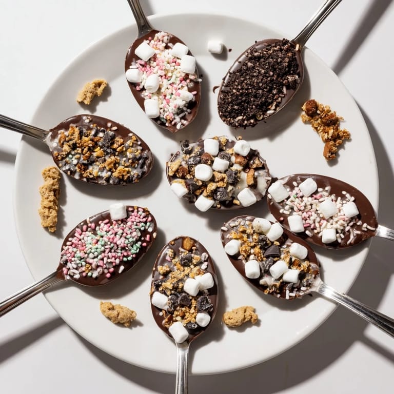 Delightful close-up showcasing a hot chocolate spoon toppings board with various festive treats.