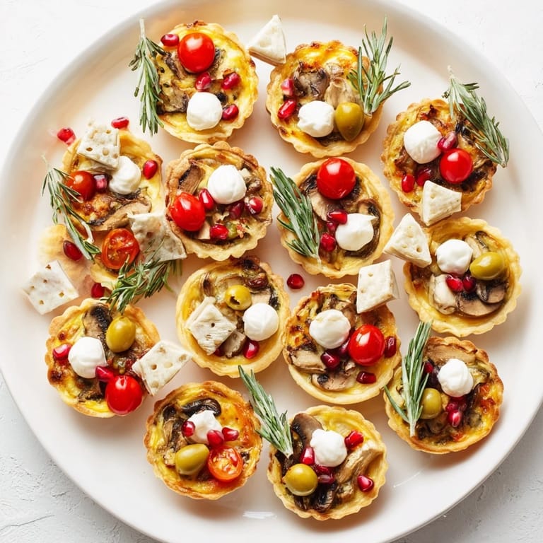 Fresh rosemary and colorful garnishes enhance the delicious presentation of these Mini Quiche appetizers.