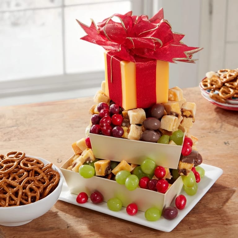 This Stacked Christmas Gift Snack Tower offers an array of savory cheeses, salty pretzels, and sweet candies in a tiered display.