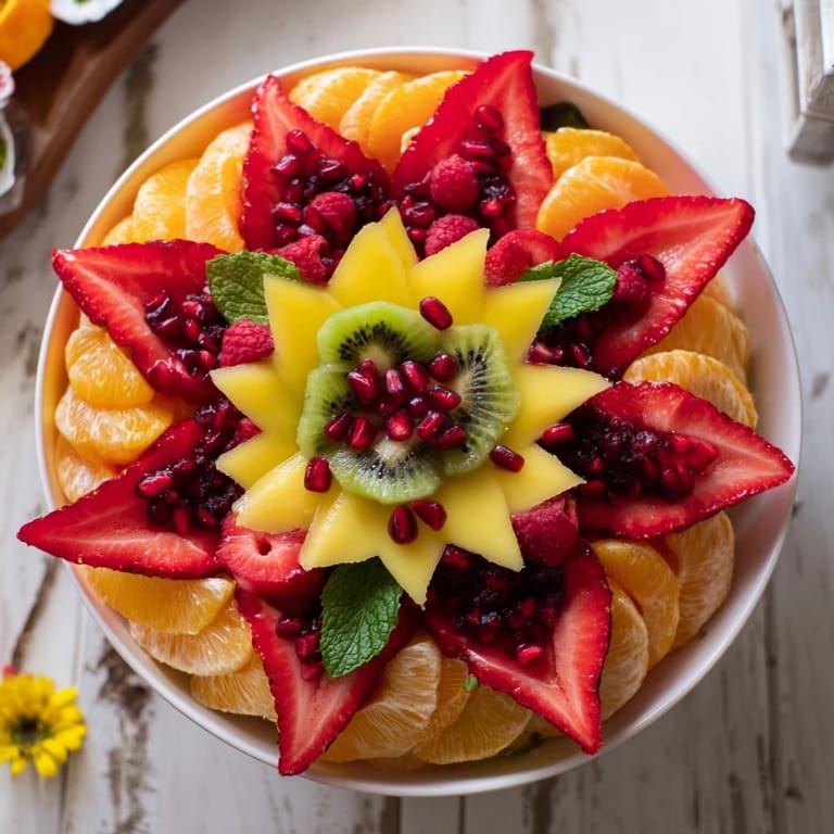 Vibrant Festive Poinsettia Fruit Bowl creation, showcasing a beautiful fruit platter with sweet, colorful ingredients and lovely leaves.