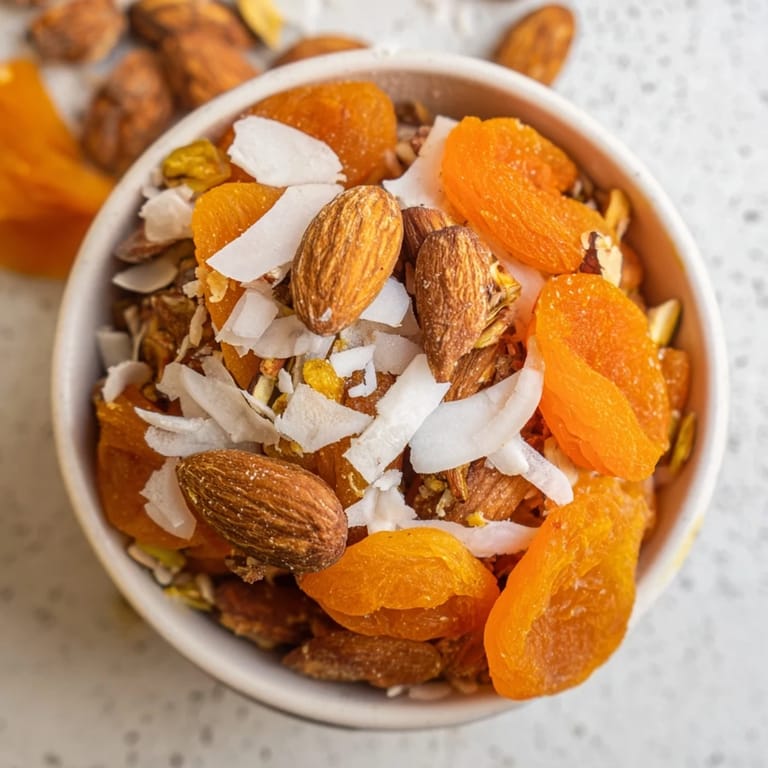Dried Apricots and Almonds recipe: A close-up shows the natural sweetness of this easy, gluten-free snack combination.