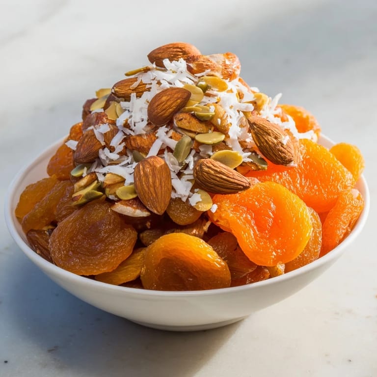 Almonds and Dried Apricots: View of a simple, beautiful pile—a quick and easy snack recipe to enjoy.
