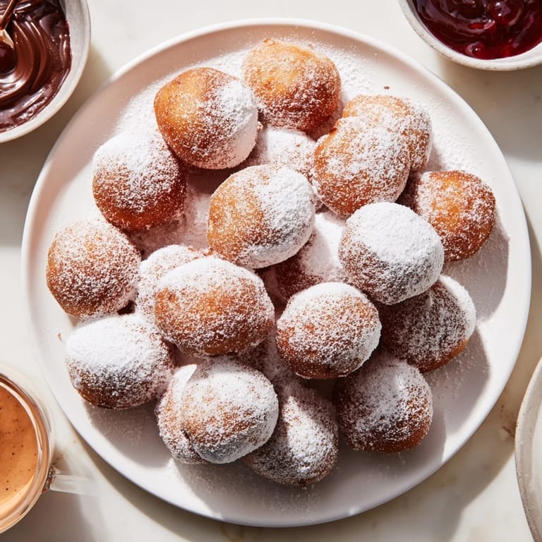 Close-up of fluffy powdered donut holes, perfect for dipping in chocolate, a fantastic treat.