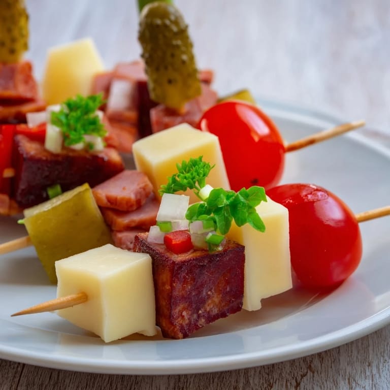 Mouthwatering close-up of fully assembled Savory Skewers, a delightful appetizer with olives and fresh parsley.