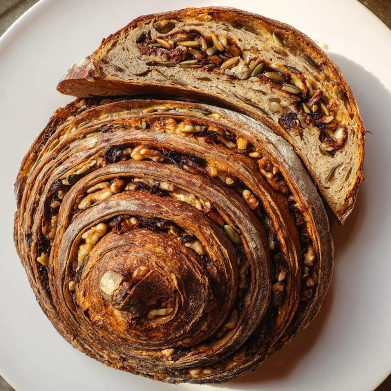 Warm, crusty Fibonacci Spiral Growth Bread, displaying textured layers with savory seeds and cheese throughout.