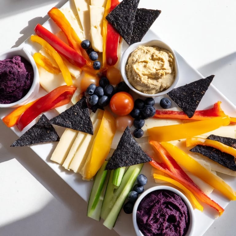 This Zig-Zag Lightning Strike platter showcases colorful vegetables, cheeses, and dips arranged artistically for visual flair.