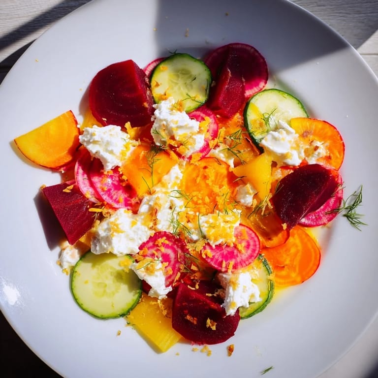 Exquisite close-up of Radial Symmetry Sunburst, highlighting the artful vegetable arrangement for a stunning salad.